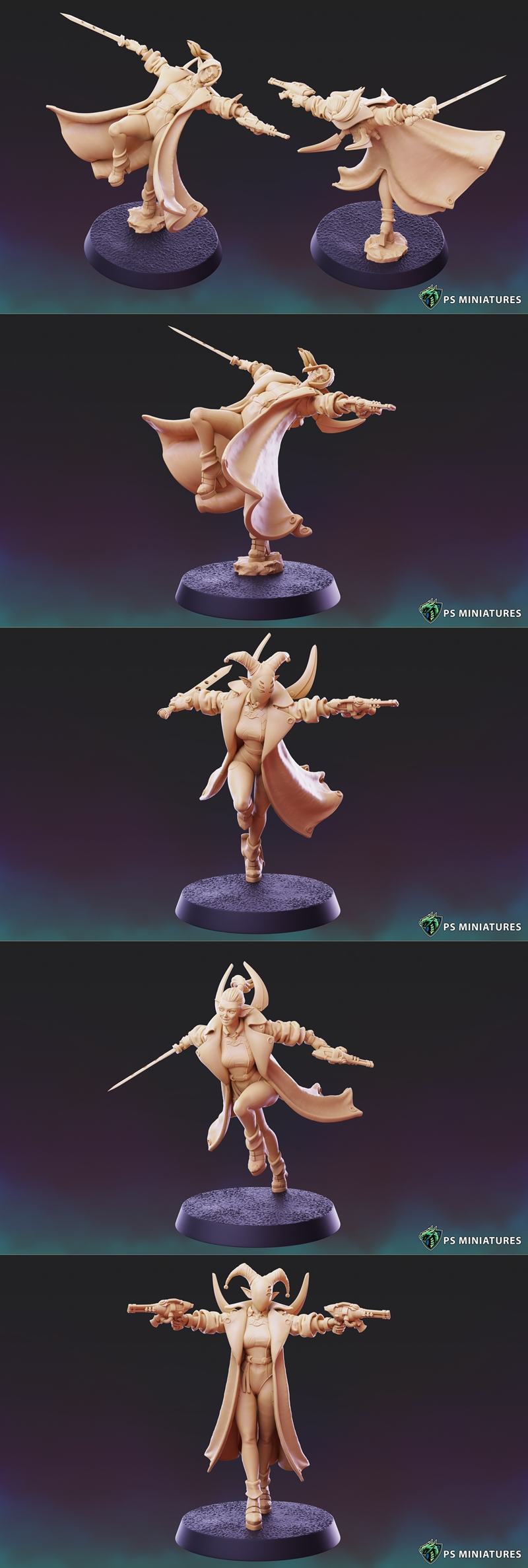 Three female sci-fi elf gangster miniatures with pistols and swords, each on a round base. One leaps forward, another...