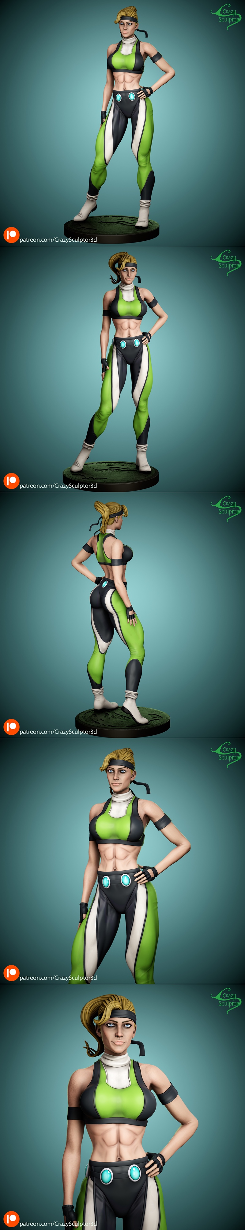 Sonya Blade 3D model in green and black combat outfit, standing with hand on hip, blonde ponytail, detailed musculature.