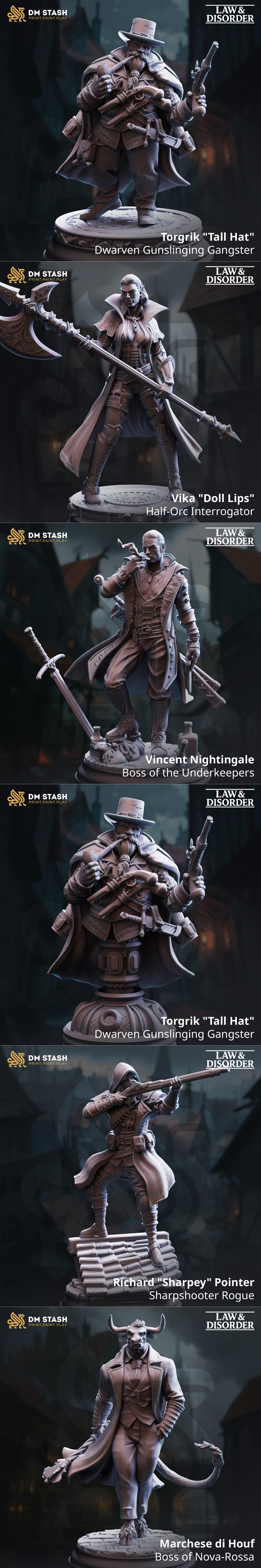 Collection of 19 fantasy 3D printable miniatures from DM Stash, including a War Owlbear, gangsters, rogues, and inqui...