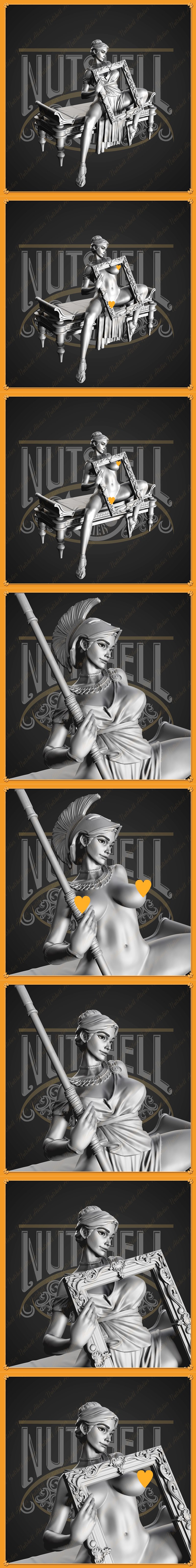 Nutshell Atelier 3D model of Athena, Greek goddess, seated with spear and Medusa shield. Classical attire, ornate ben...