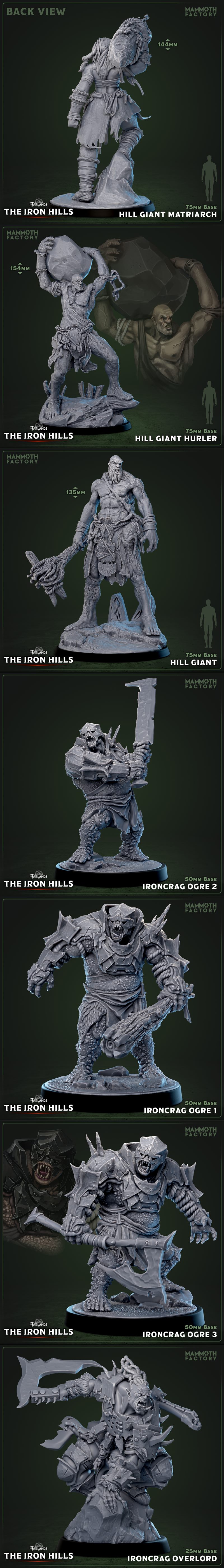 Collection of fantasy miniatures including giants and orcs, with a female giant carrying a boulder and an armored war...