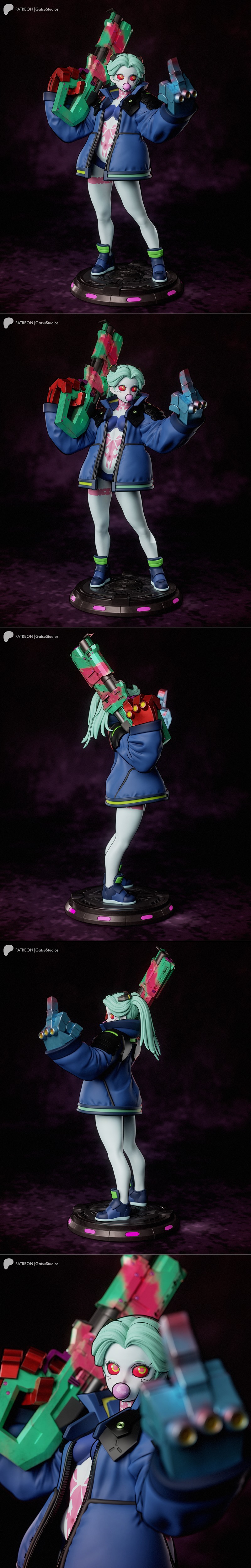 Rebecca from Cyberpunk Edgerunners holding a large gun, wearing a blue jacket and shorts, with pale skin and mint gre...