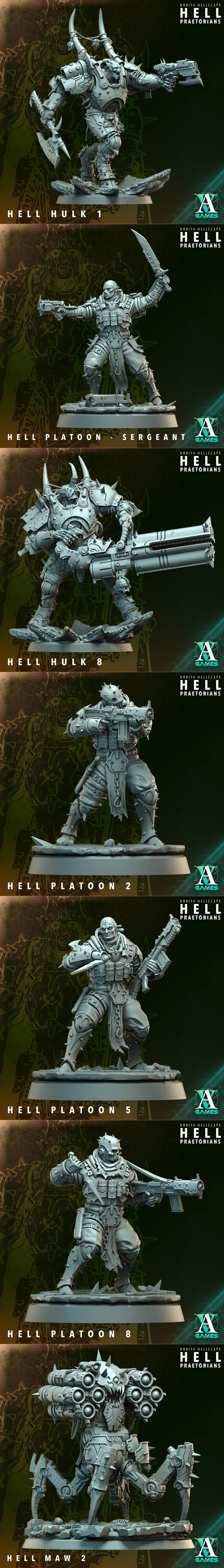 Collection of sci-fi demonic miniatures: Hell Hulk 3 with a large gun, Hell Maw 1 spider-mech, and Hell Hulk 5 with a...