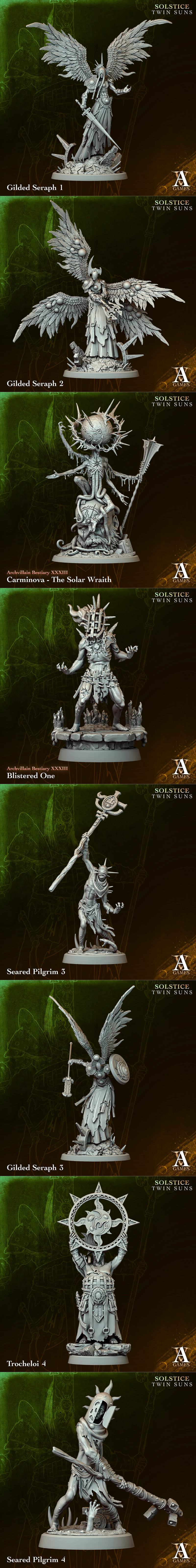 Collection of fantasy miniatures: angelic figures, a large giant with tentacles, and an armored orc warrior, all scul...