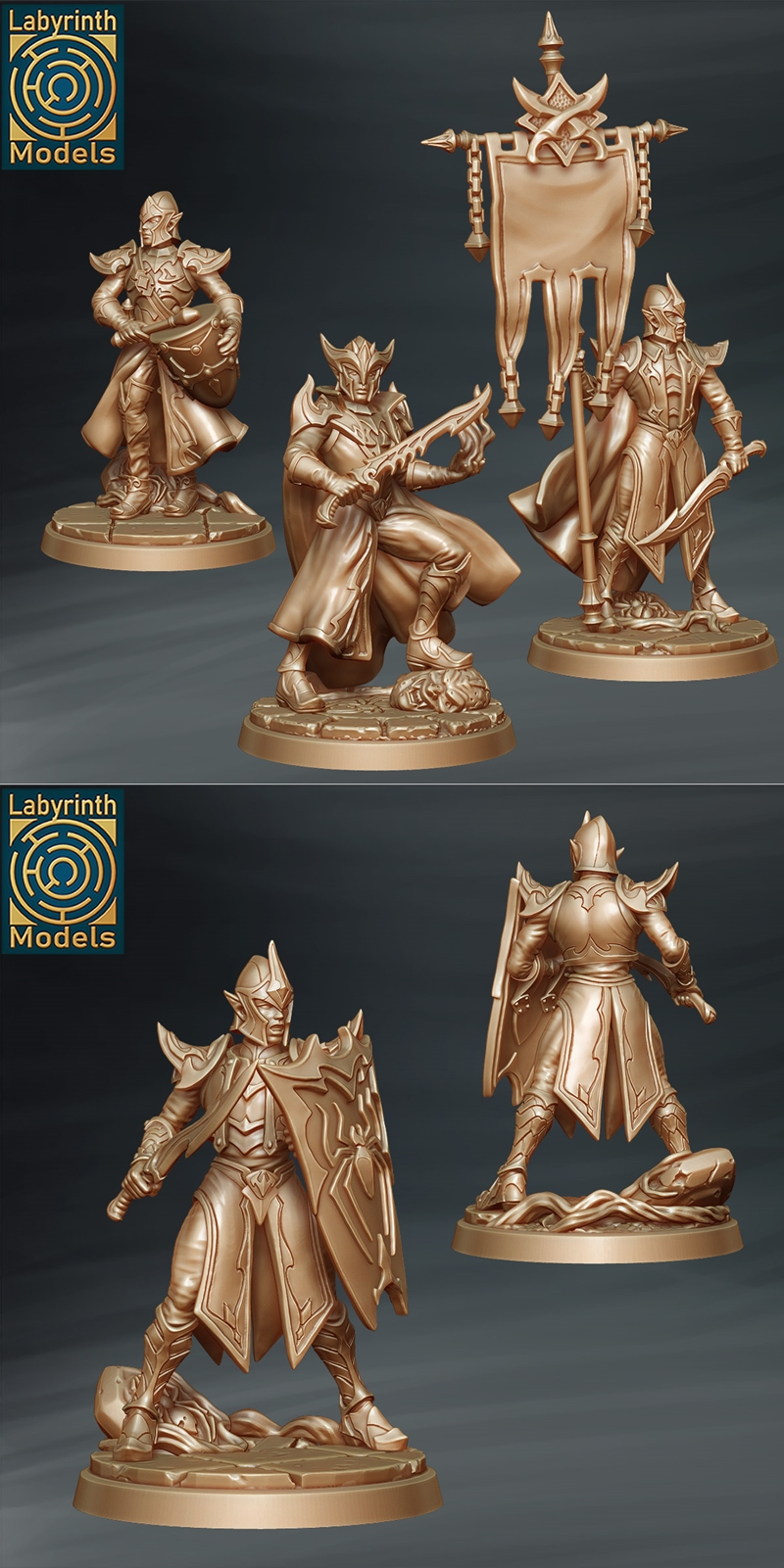 Collection of golden 3D printed dark elf miniatures in various combat poses, armed with bows, swords, shields, and sp...