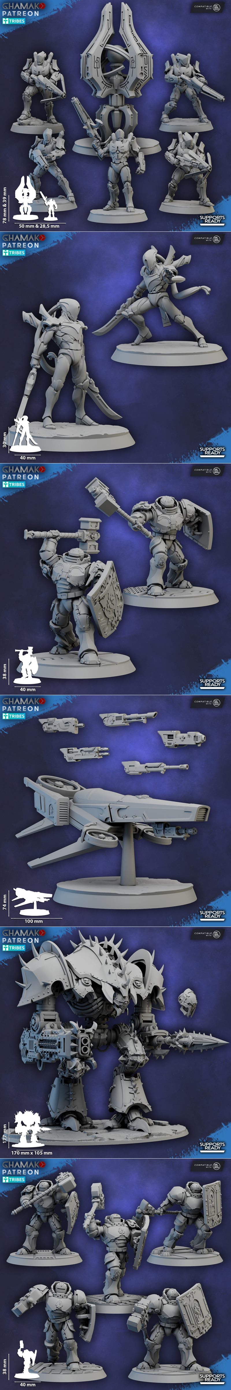 Collection of 3D printable miniatures including sci-fi mechs, armored soldiers, fantasy warriors with axes and shield...