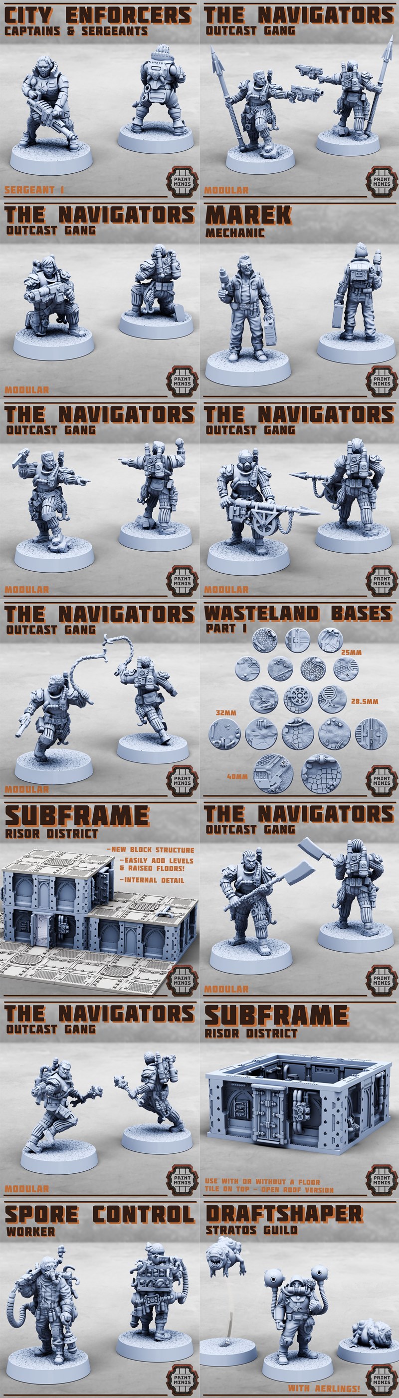3D printable sci-fi miniatures and vehicles: City Enforcers, Navigators Outcast Gang, Rocketbuggy, modular building,...