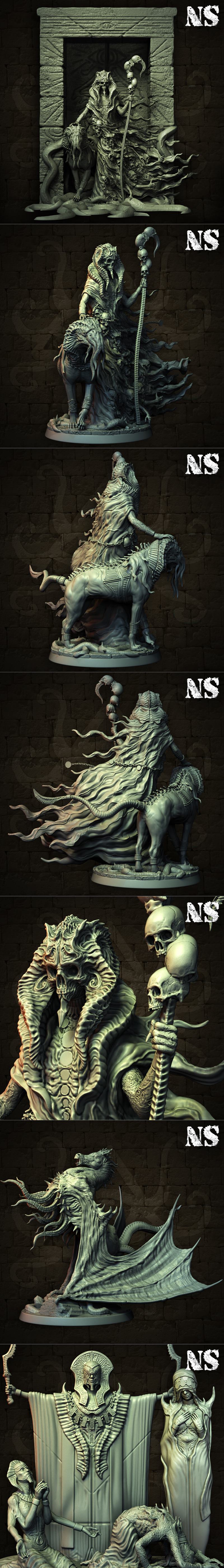 Collection of dark fantasy miniatures: Nyarlathotep with skull staff, a monstrous beast, and a robed cultist figure,...