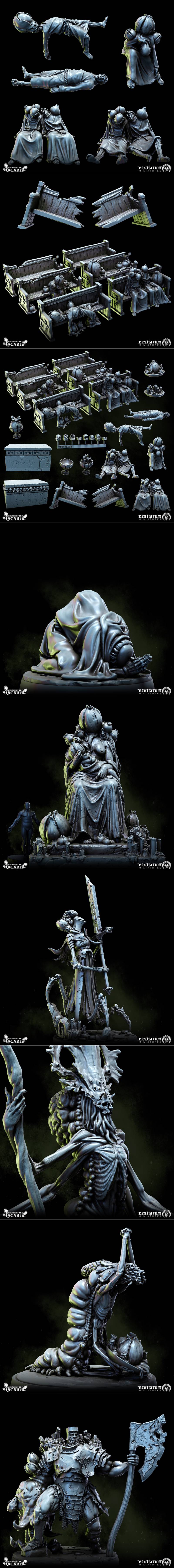 Collection of grimdark fantasy miniatures and terrain pieces from Bestiarum Miniatures, including armored knights, ro...