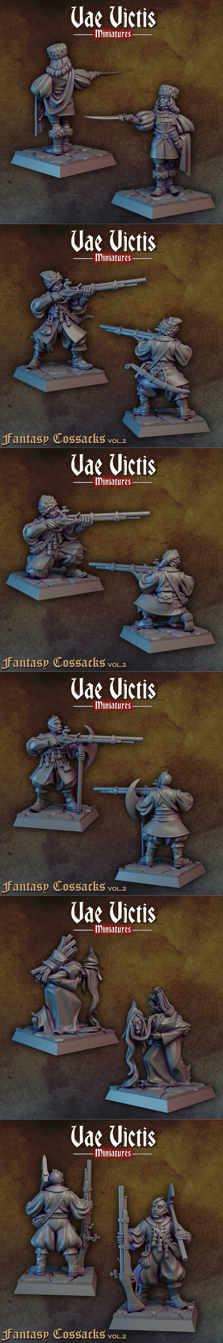 Collection of Vae Victis Miniatures' Fantasy Cossacks Vol. 2, featuring multiple 3D printed models of warriors with m...