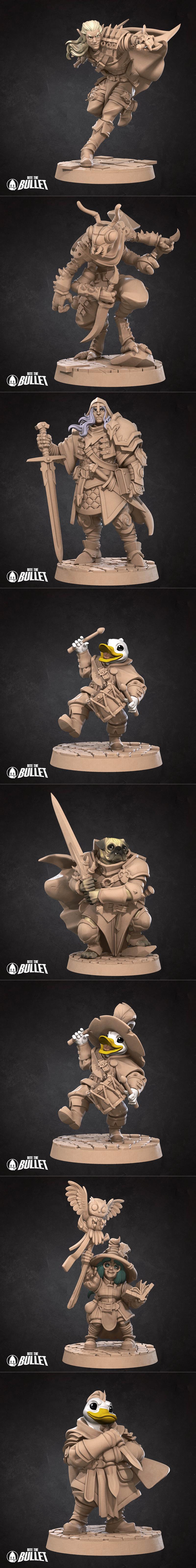 Collection of fantasy 3D printable miniatures: green orc warrior with sword and shield, blue-haired elf in ornate arm...