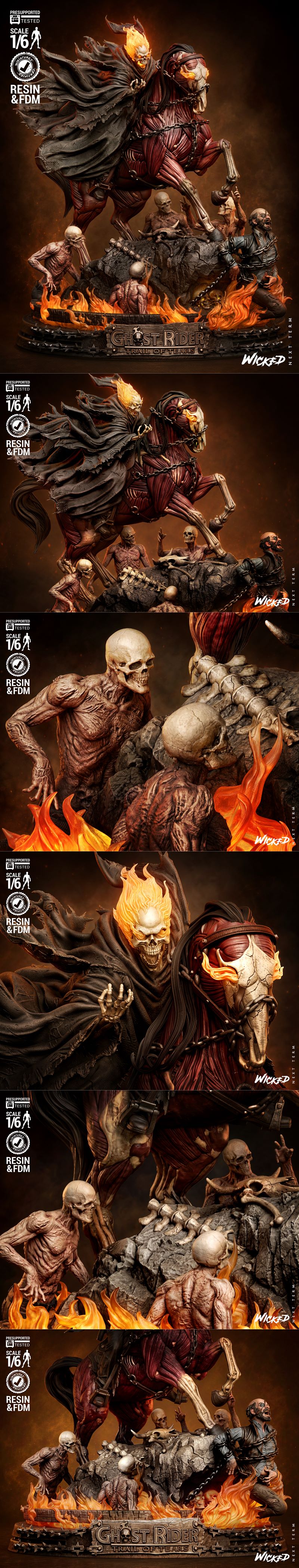 Ghost Rider diorama with flaming skull rider on a horse with exposed musculature, surrounded by tormented souls and f...