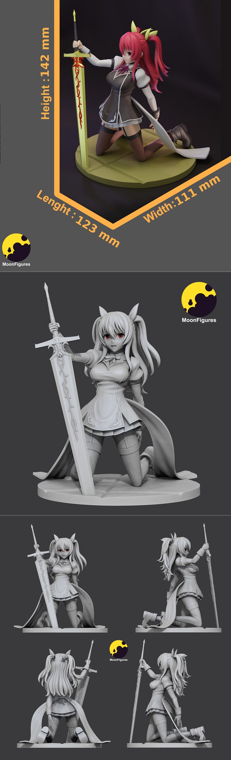 3D printable figure of Stella from Chivalry of a Failed Knight, kneeling with a large sword, pink twin-tails, yellow...
