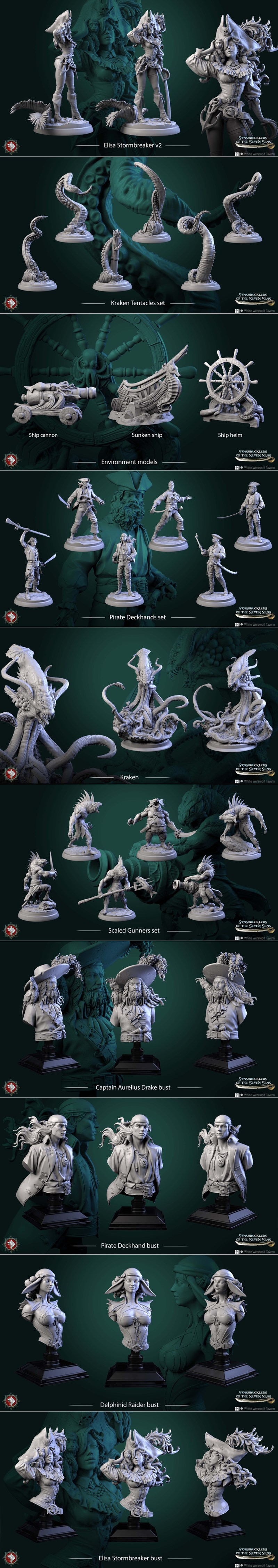 Collection of pirate-themed 3D printable miniatures from White Werewolf Tavern, including Elisa Stormbreaker V1, Capt...