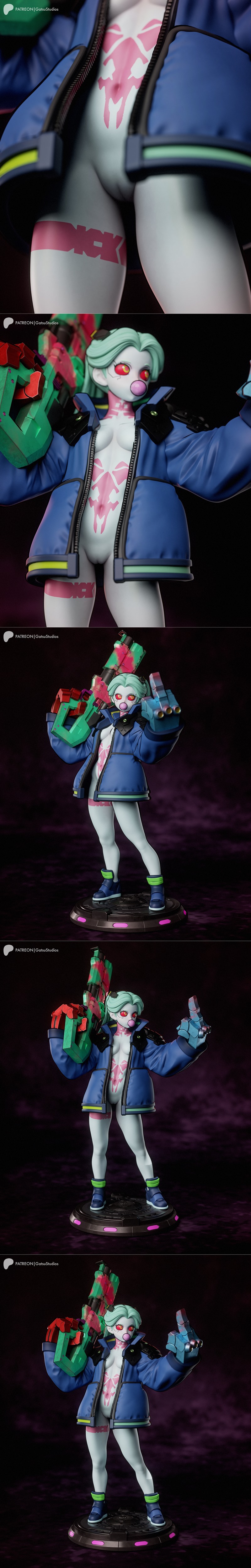 Rebecca from Cyberpunk Edgerunners holding a large gun, wearing a blue jacket and shorts, with pale skin and mint gre...