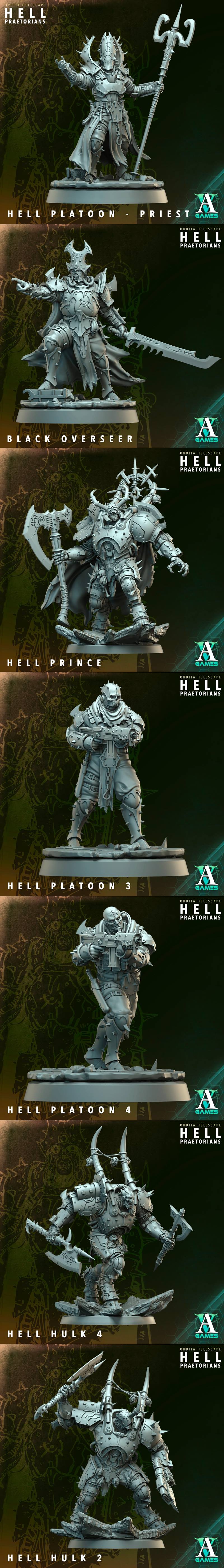 Collection of sci-fi demonic miniatures: Hell Hulk 3 with a large gun, Hell Maw 1 spider-mech, and Hell Hulk 5 with a...