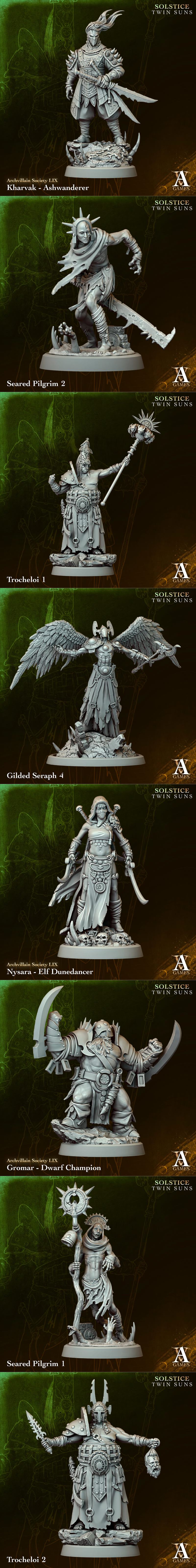 Collection of fantasy miniatures: angelic figures, a large giant with tentacles, and an armored orc warrior, all scul...