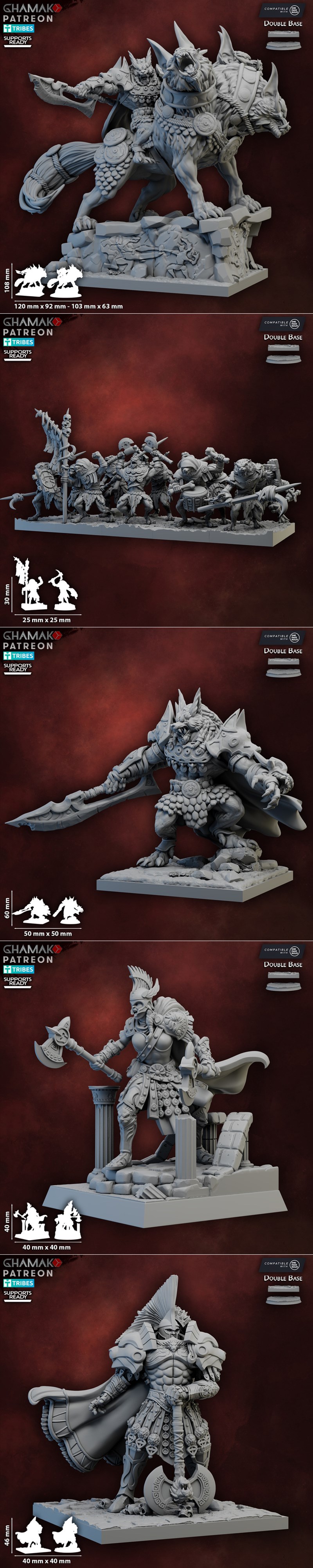 Collection of 3D printable miniatures including sci-fi mechs, armored soldiers, fantasy warriors with axes and shield...