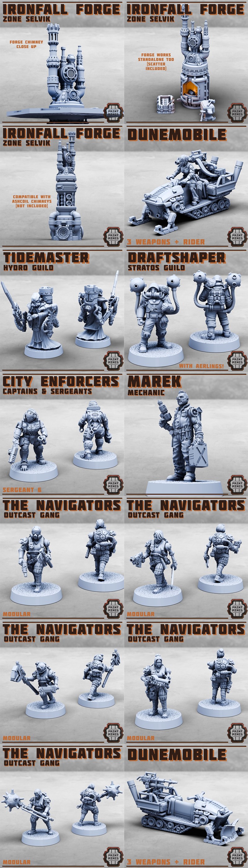 3D printable sci-fi miniatures and vehicles: City Enforcers, Navigators Outcast Gang, Rocketbuggy, modular building,...