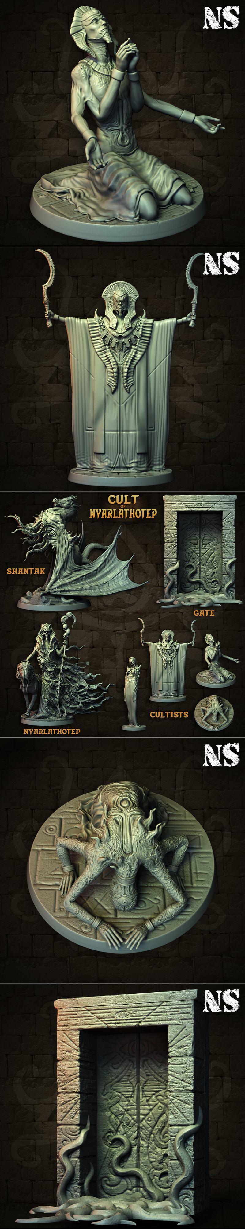 Collection of dark fantasy miniatures: Nyarlathotep with skull staff, a monstrous beast, and a robed cultist figure,...