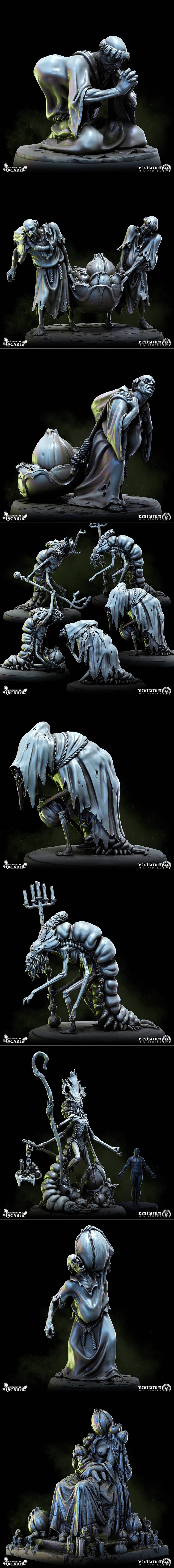 Collection of grimdark fantasy miniatures and terrain pieces from Bestiarum Miniatures, including armored knights, ro...