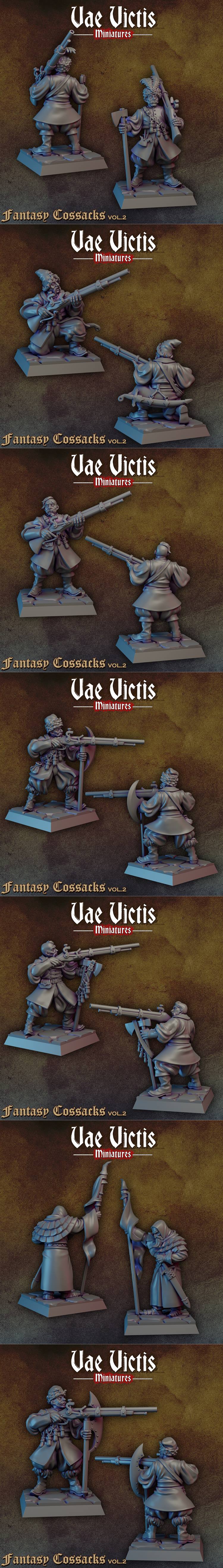 Collection of Vae Victis Miniatures' Fantasy Cossacks Vol. 2, featuring multiple 3D printed models of warriors with m...