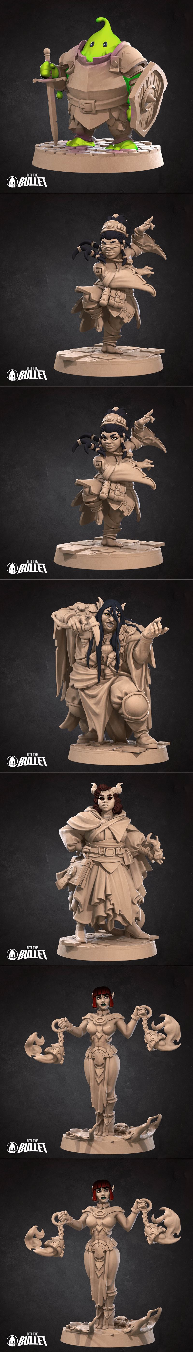 Collection of fantasy 3D printable miniatures: green orc warrior with sword and shield, blue-haired elf in ornate arm...