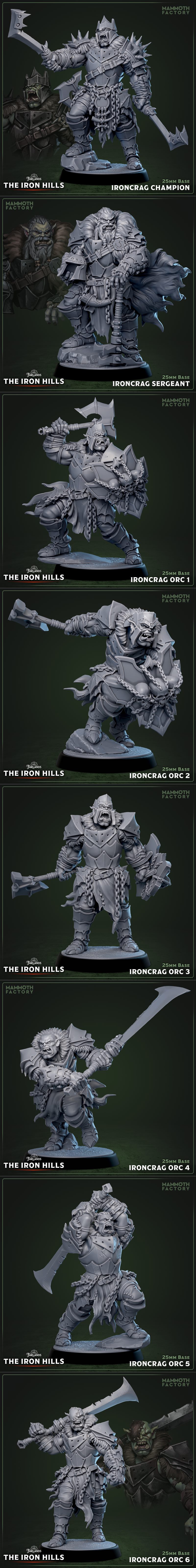 Collection of fantasy miniatures including giants and orcs, with a female giant carrying a boulder and an armored war...