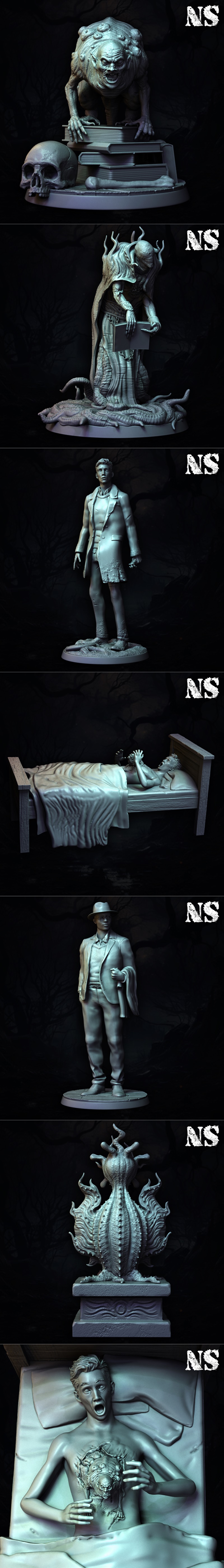 Collection of Lovecraftian horror miniatures: a witch with a knife, a tall robed figure, two men, and various creatur...