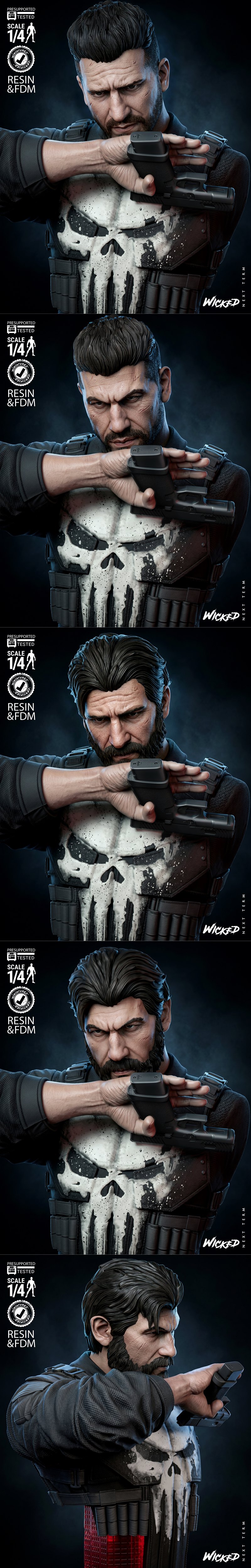 Wicked 1:4 scale Punisher portrait bust, holding a handgun, wearing skull-emblazoned armor, on a cityscape base with...
