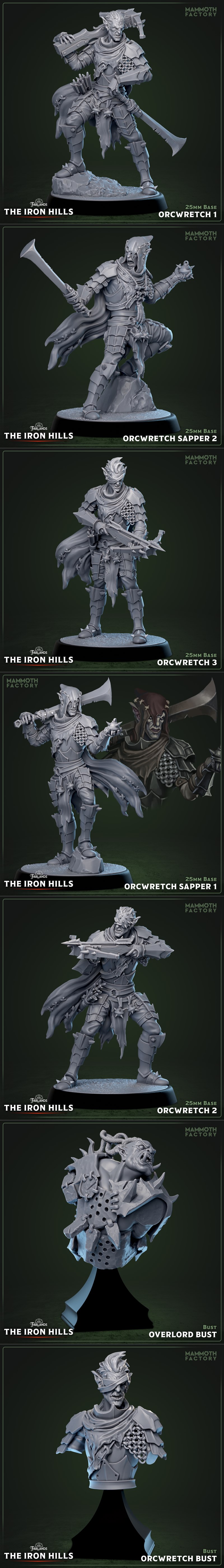 Collection of fantasy miniatures including giants and orcs, with a female giant carrying a boulder and an armored war...