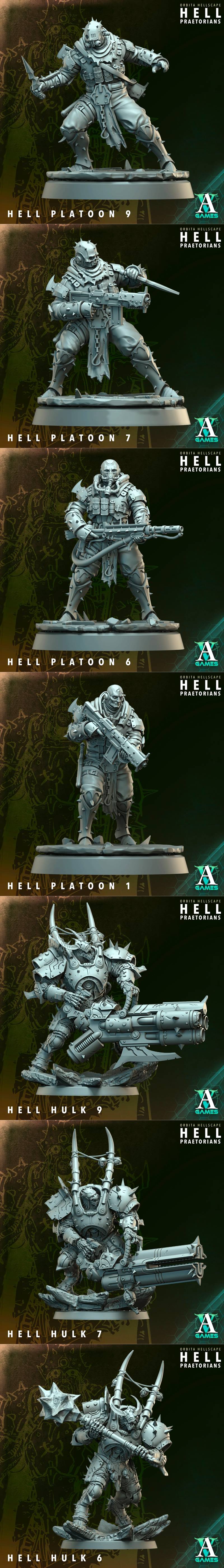 Collection of sci-fi demonic miniatures: Hell Hulk 3 with a large gun, Hell Maw 1 spider-mech, and Hell Hulk 5 with a...