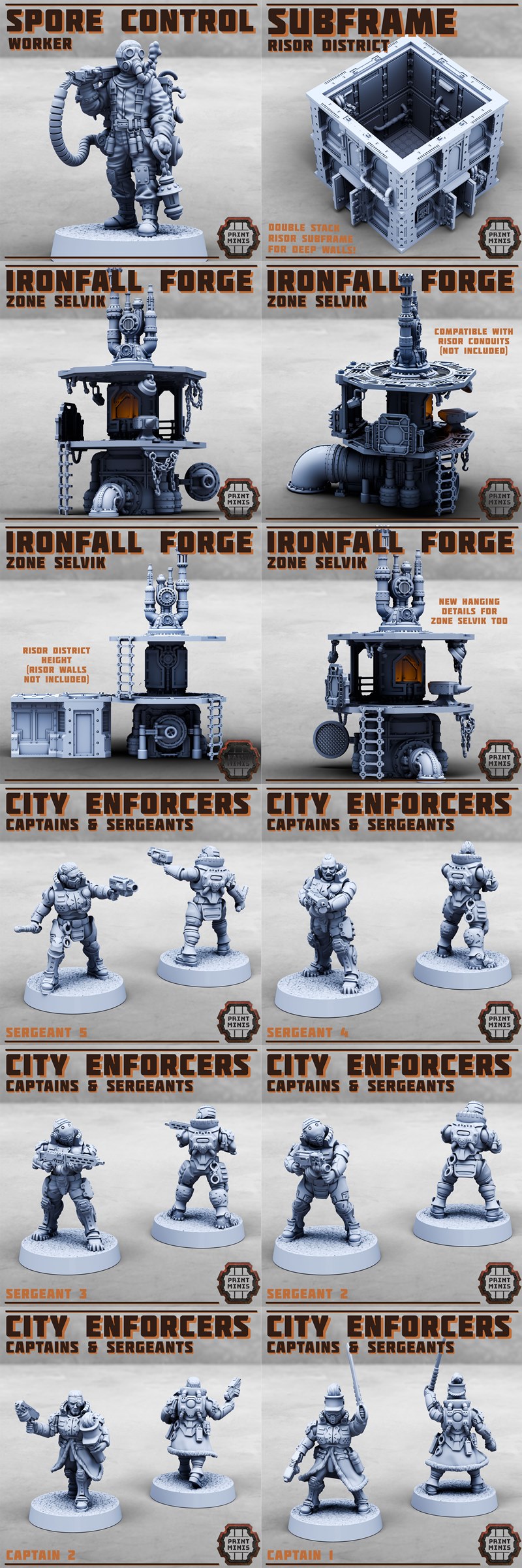 3D printable sci-fi miniatures and vehicles: City Enforcers, Navigators Outcast Gang, Rocketbuggy, modular building,...