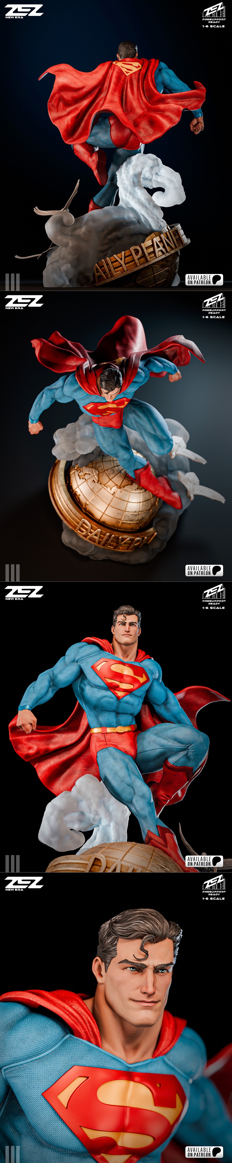 Superman figure in heroic pose, wearing blue suit and red cape, standing on Daily Planet globe with birds flying.