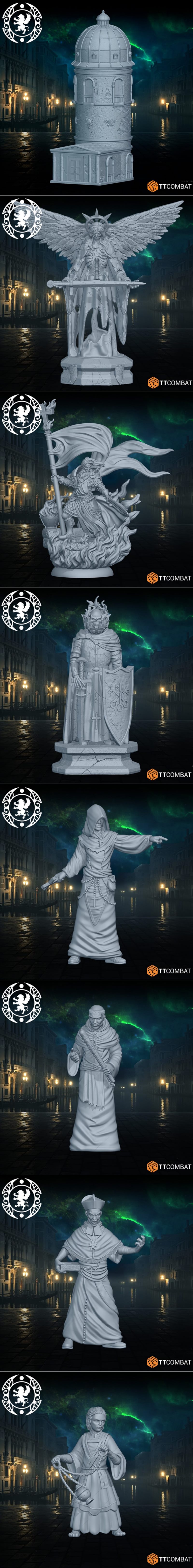 Collection of Carnevale miniatures: muscular male with hammer, robed scholar, dancer, and skeletal female figure. TTC...