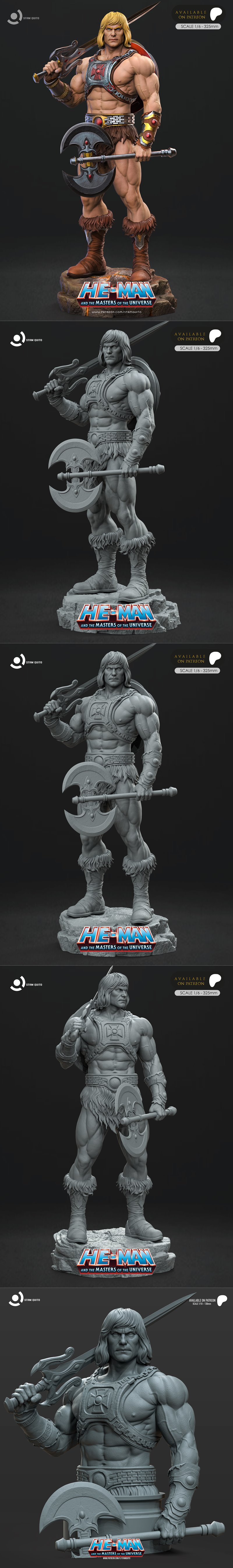 He-Man figure, 1/6 scale, holding sword and axe, detailed armor and fur loincloth, standing on rocky base.
