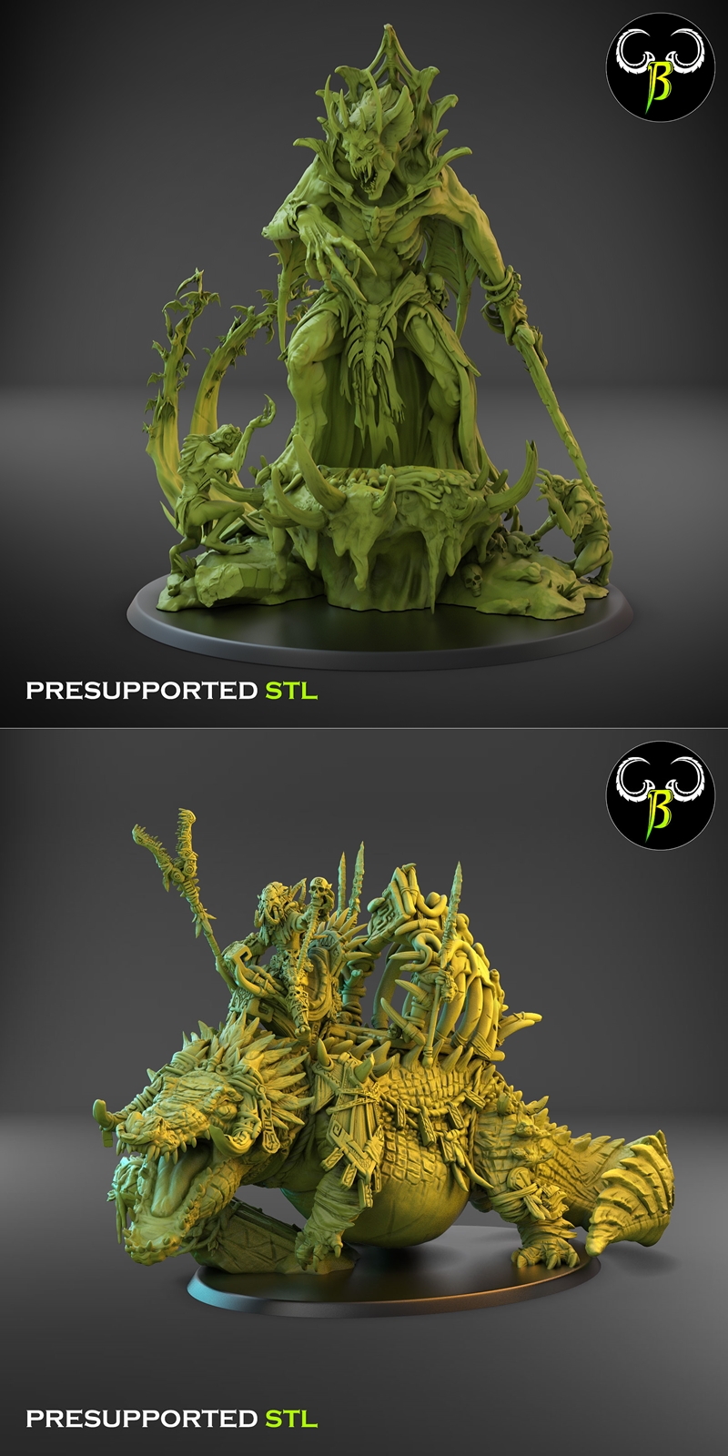 Collection of pre-supported STL miniatures: a large reptilian beast and several tribal, monstrous humanoids with spea...