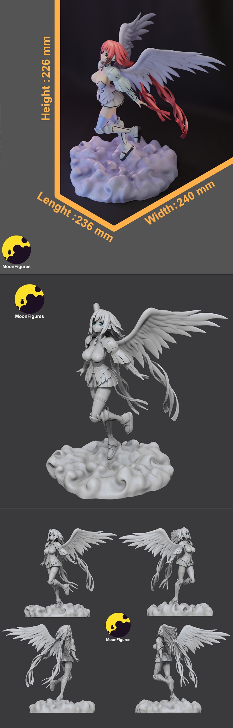 MoonFigures 3D model of Ikaros Alpha, an anime-style angel with large white wings, pink hair, and a revealing white o...