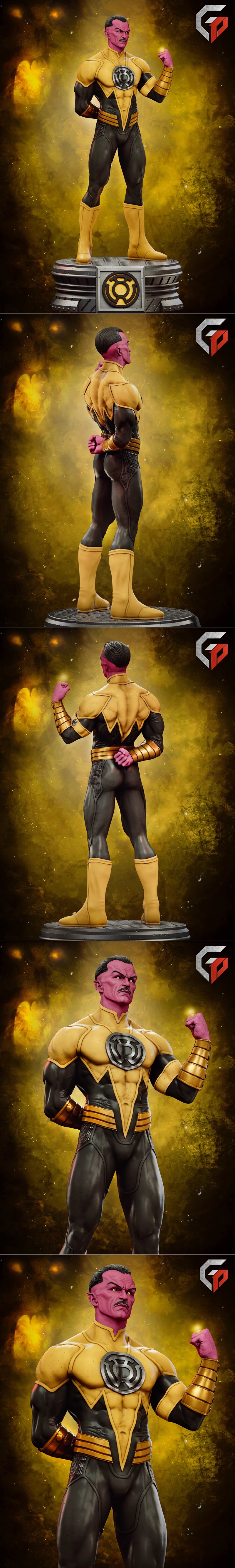 Geek Print 3D model of Sinestro in yellow and black uniform, standing heroically with fist raised, DC Comics character.