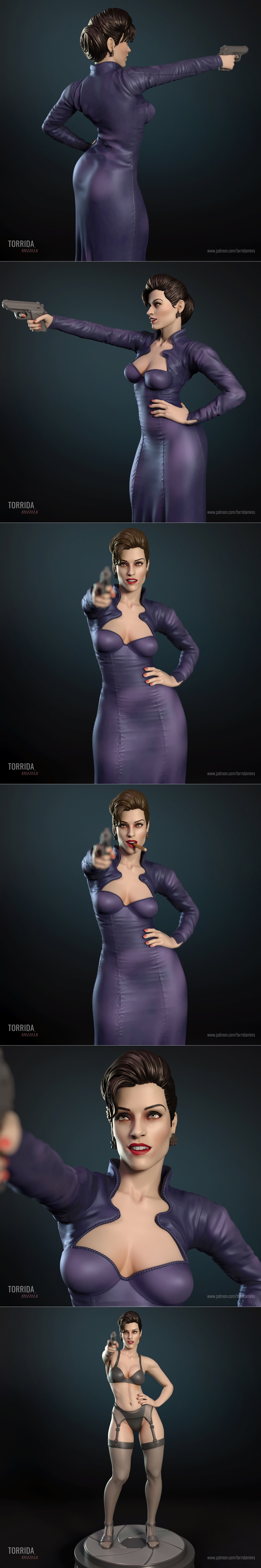 Xenia Onatopp from Goldeneye in a purple gown holding two pistols, standing on a display base.