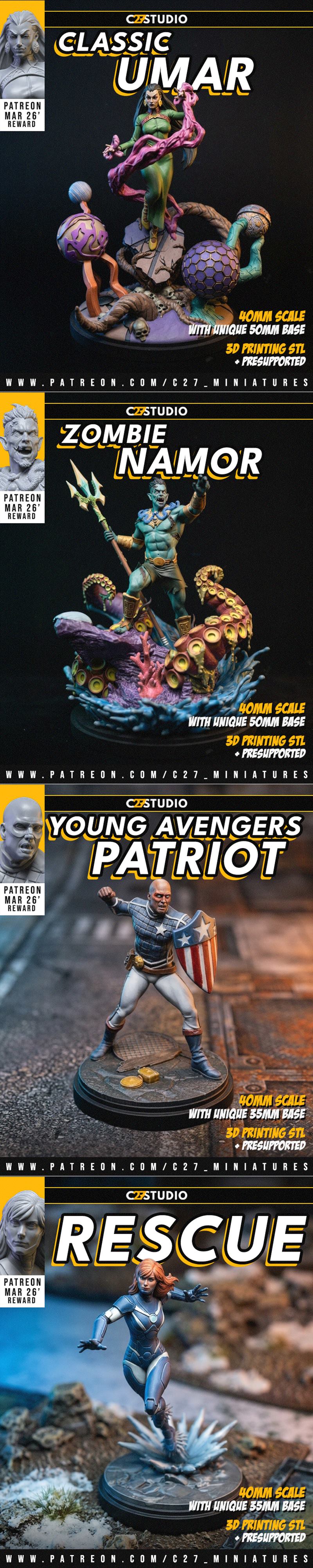 Collection of Marvel character 3D models: Patriot in action pose, Rescue on ice, Baron Mordo, Dormammu, Clea, Quasar,...