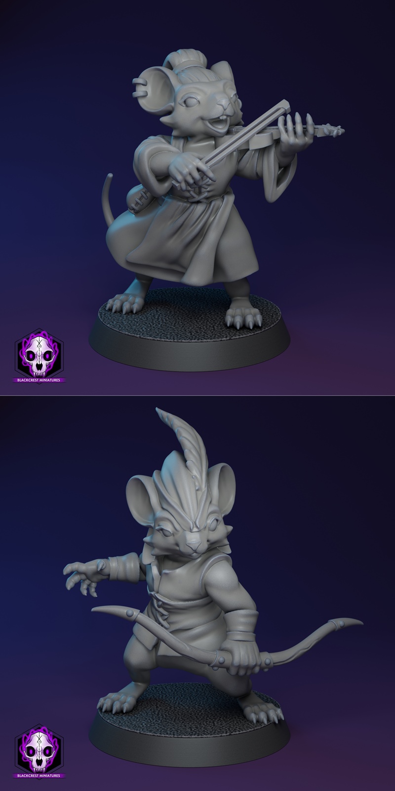 Collection of mousefolk adventurers: wizard with staff, archer with bow, bard with lute, and warrior with sword, all...