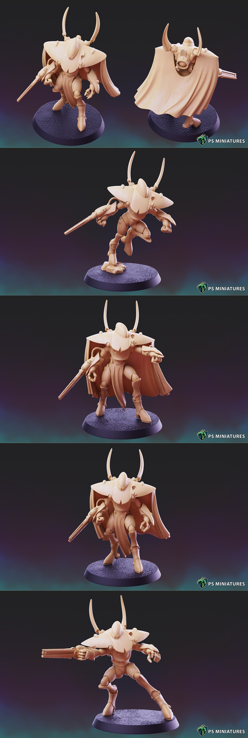 Multiple 3D printed miniatures of sci-fi elven warriors in dynamic poses, armed with guns and wearing cloaks, on text...