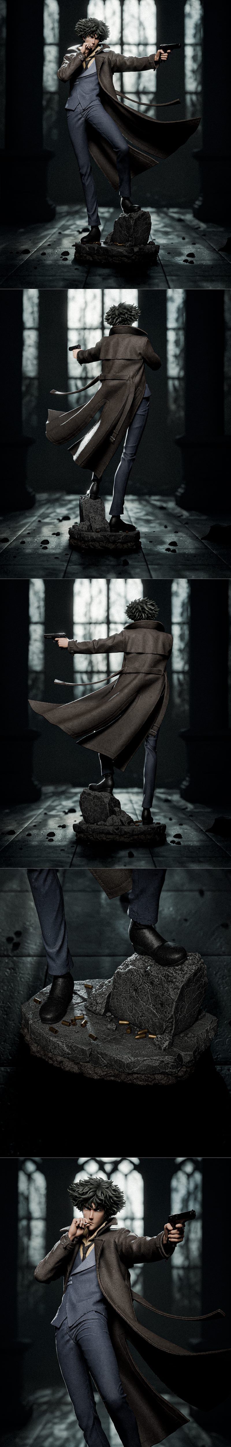 Spike Spiegel 3D model from Cowboy Bebop, holding a gun and cigarette, wearing a trench coat and blue suit, standing...