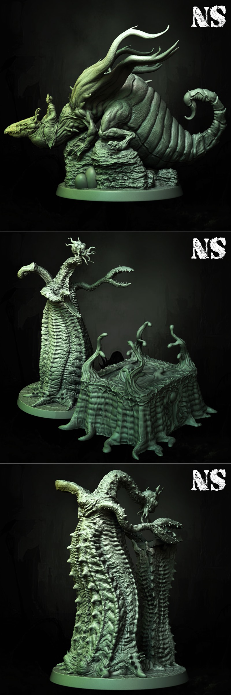 Collection of dark fantasy miniatures: Great Plague Demon, Atlach-Nacha spider-creature, Great Race of Yith figures,...