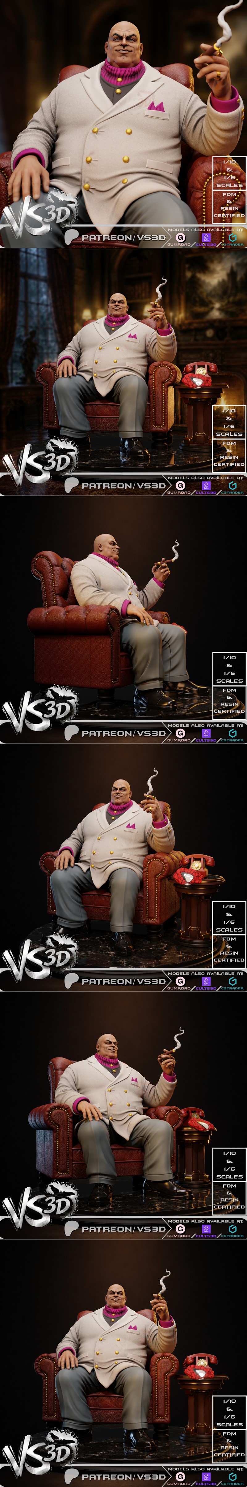 Kingpin seated in a leather armchair, smoking a cigarette, wearing a cream suit and magenta turtleneck. VS3D logo and...