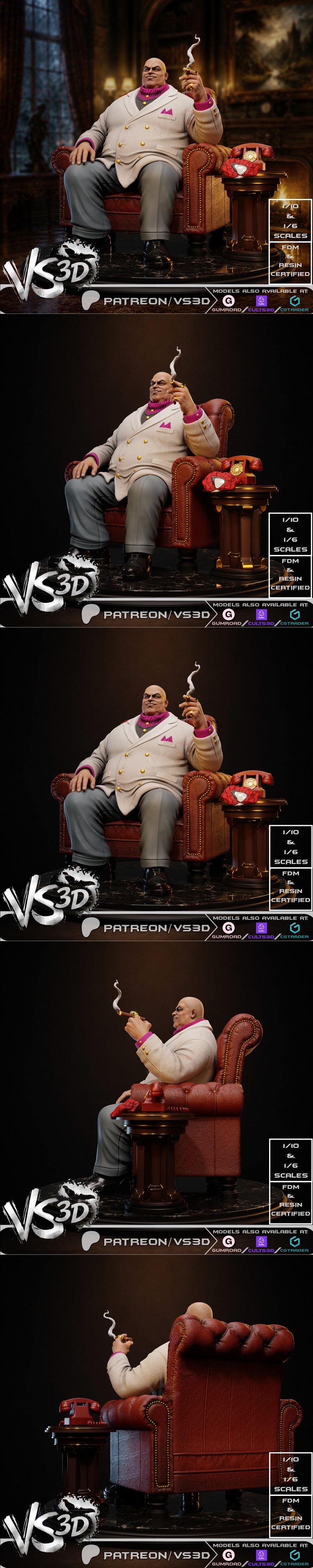Kingpin seated in a leather armchair, smoking a cigarette, wearing a cream suit and magenta turtleneck. VS3D logo and...