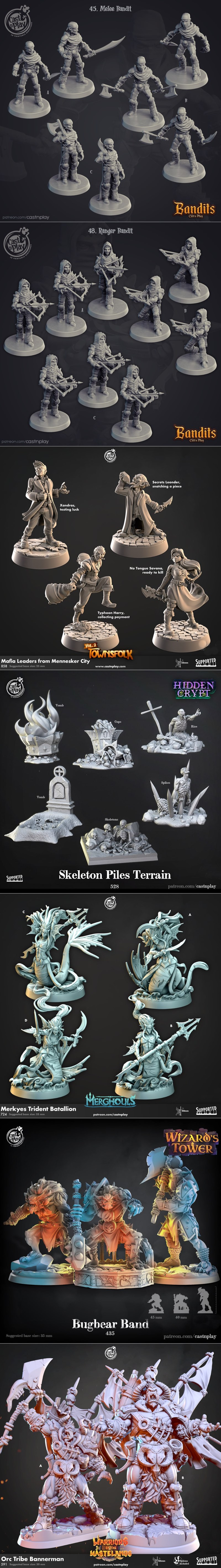 Collection of pirate-themed 3D printable miniatures including captains, crew, monsters, and sea creatures on display...