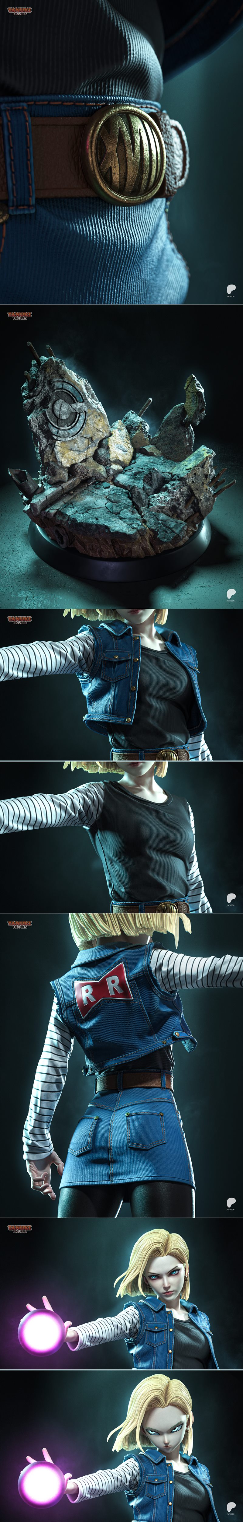 Android 18 from Dragon Ball Z figure, holding a purple energy blast, wearing a denim jacket, blue skirt, and brown bo...