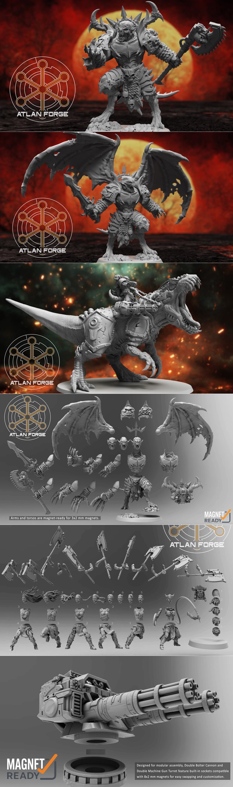 Collection of 3D printable miniatures: fantasy warriors on bases, a winged demon, and a cybernetic dinosaur with a ri...
